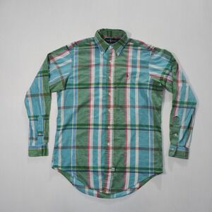 Ralph Lauren Shirt Mens Medium Green Hand Woven Madras Cotton Button Long Sleeve